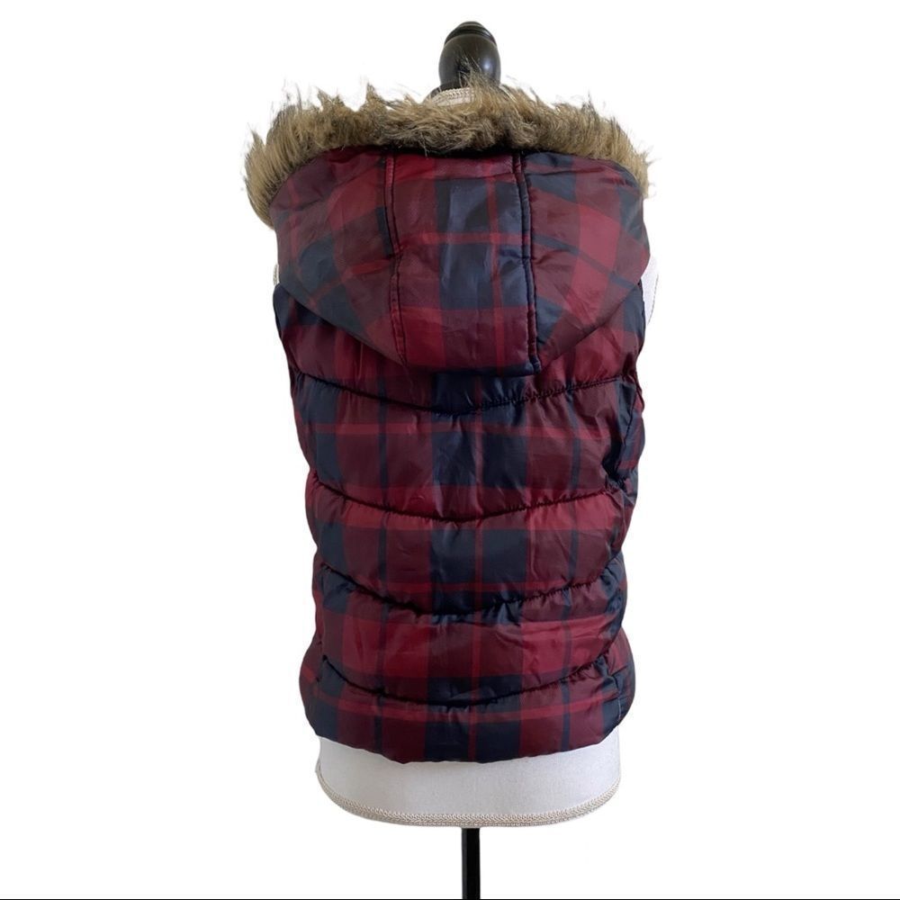 Arizona Jean Co. Buffalo Plaid Faux Fur Hooded Puffer Vest Blue & Red Sz Medium - Picture 5 of 8